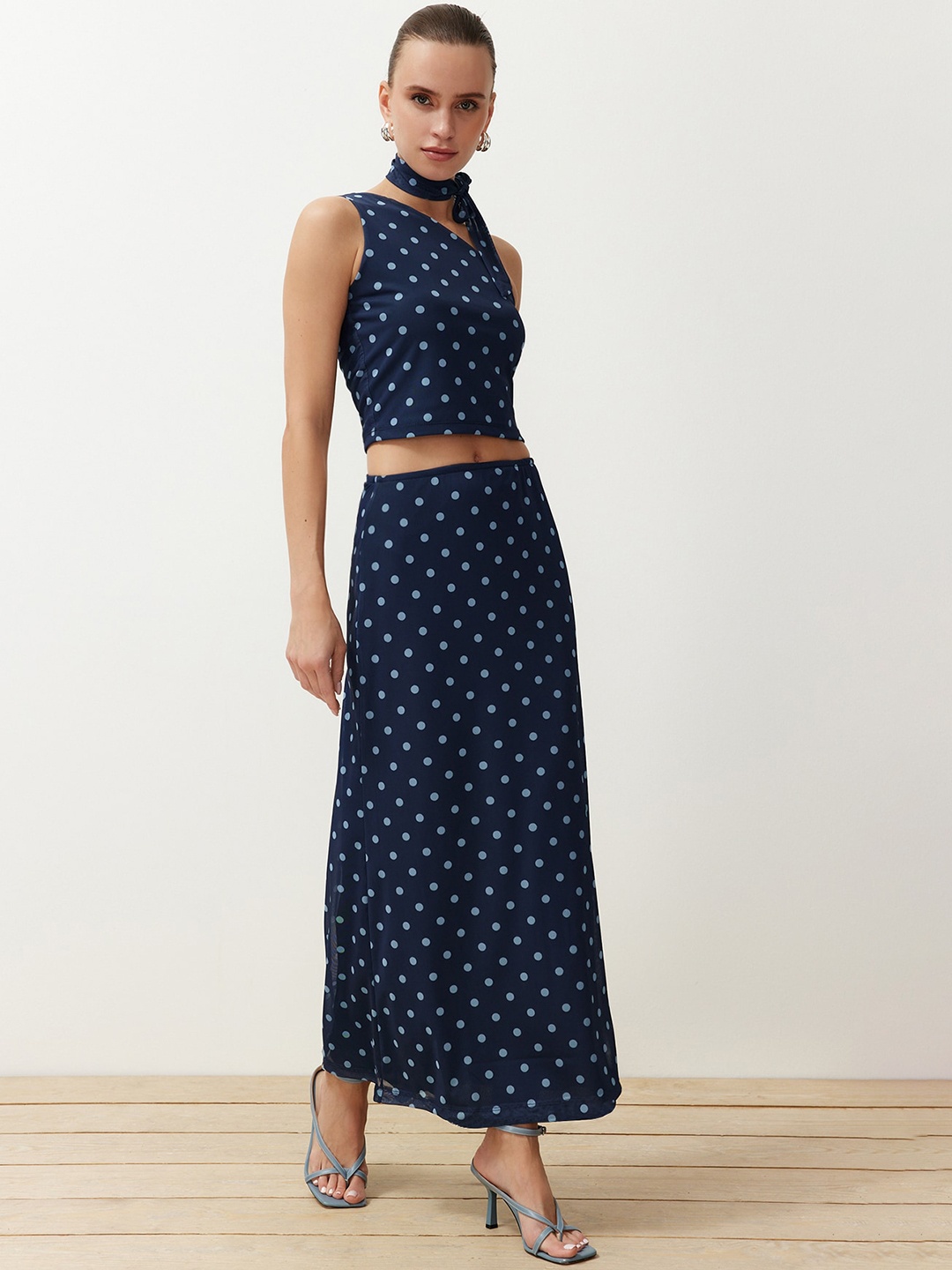 

Trendyol Polka Dots Printed One Shoulder Top With Skirt, Blue