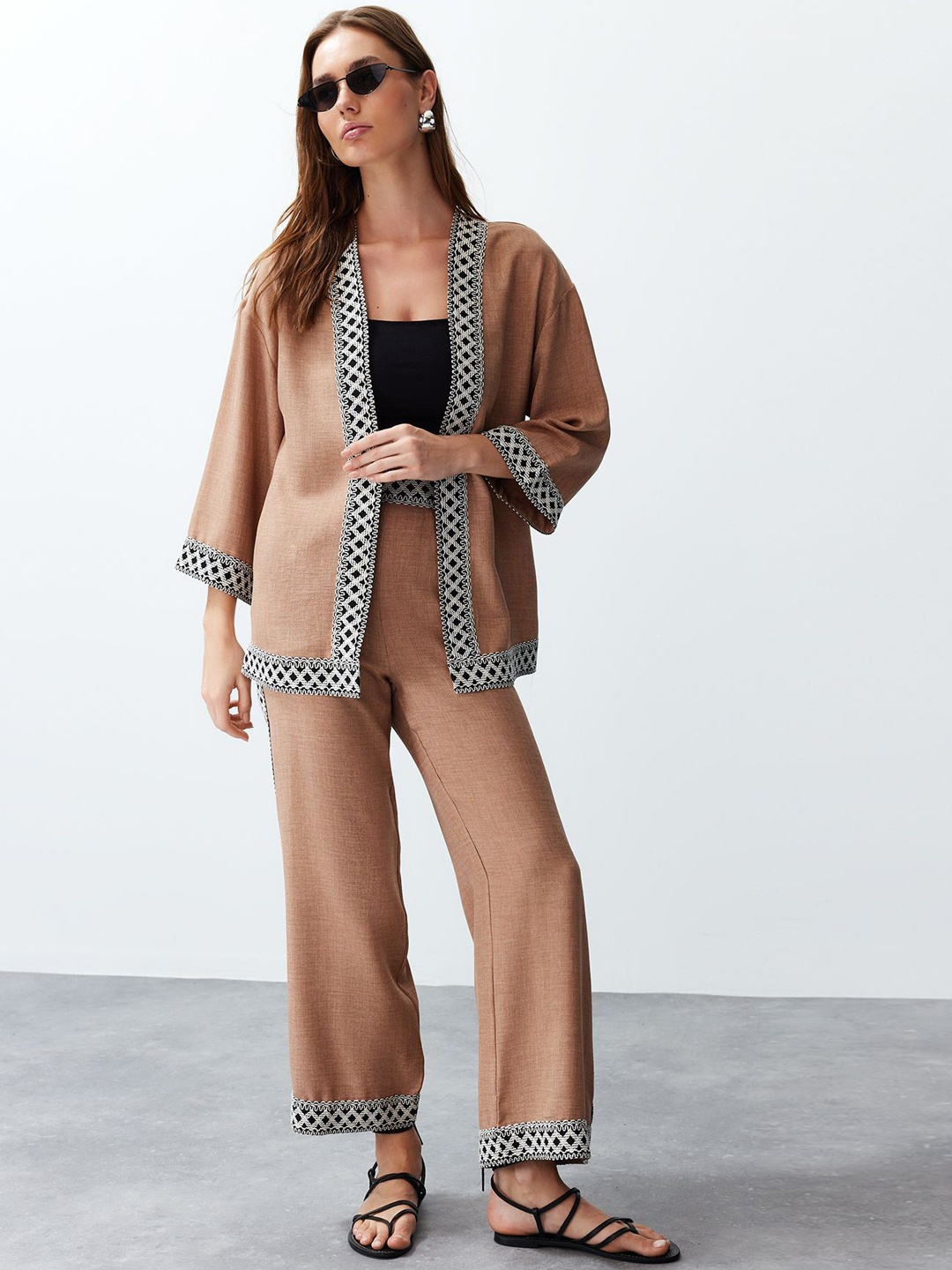 

Trendyol Embroidered Shrug With Trouser & Top, Camel brown