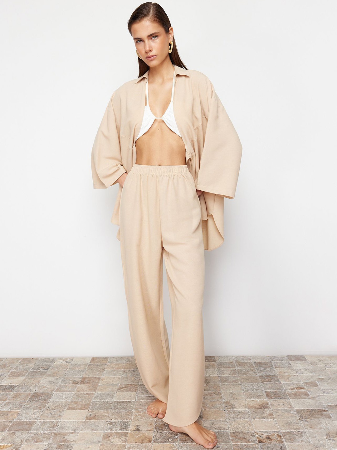 

Trendyol Shirt Collar Swim Cover Up Set, Beige
