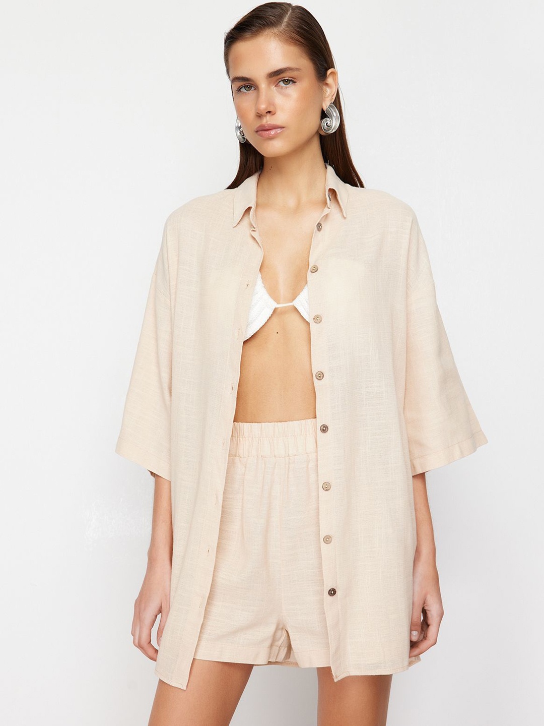 

Trendyol Longline Pure Cotton Shirt With Shorts, Beige