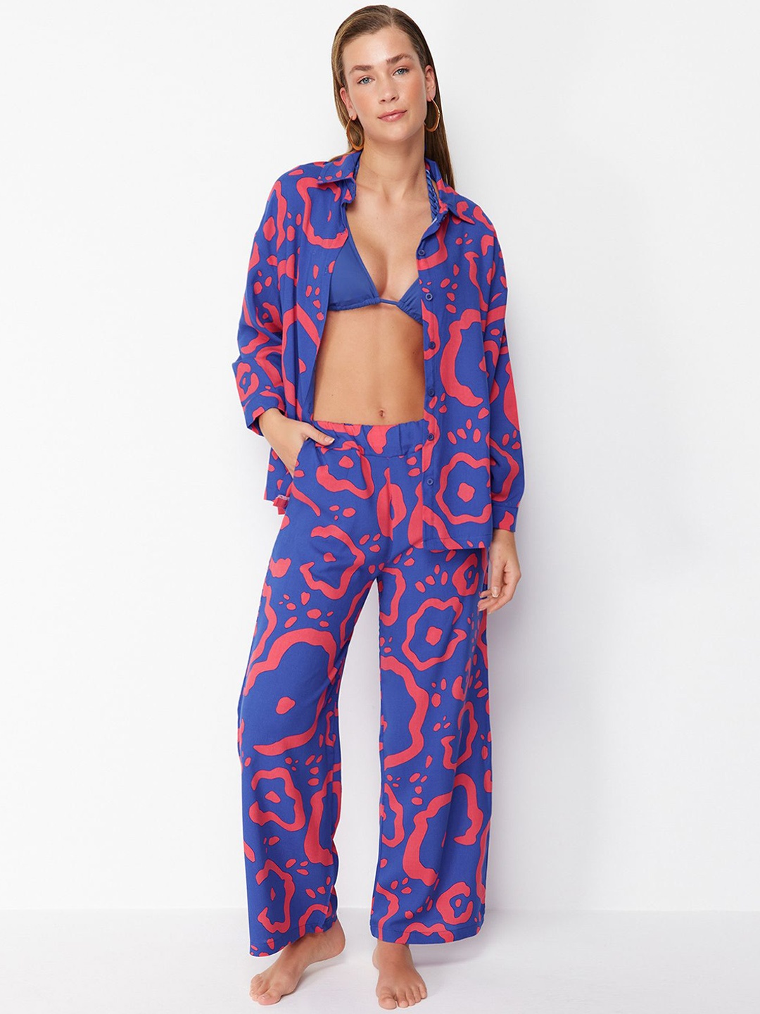 

Trendyol Printed Shirt-Collar Night suit, Blue
