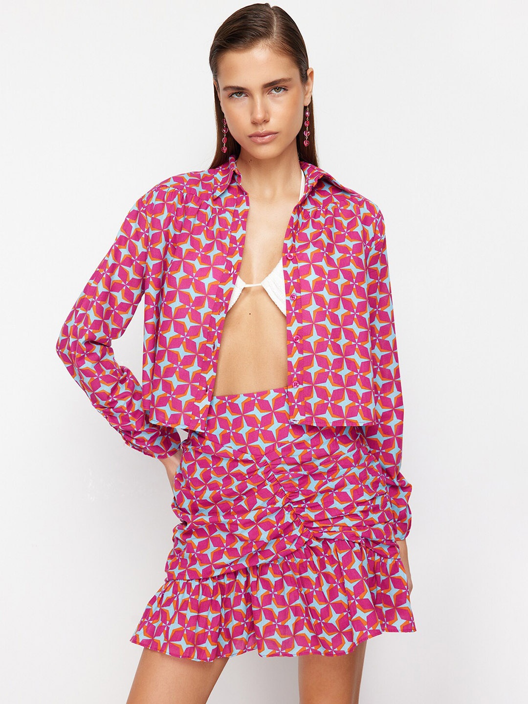 

Trendyol Printed Pure Cotton Shirt With Skirt Co-Ords, Fuchsia