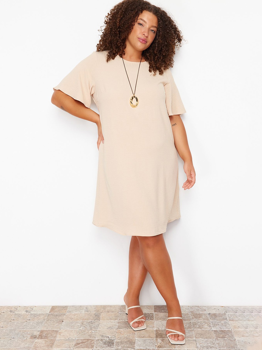 

Trendyol Women Flared Sleeve A-Line Dress, Beige