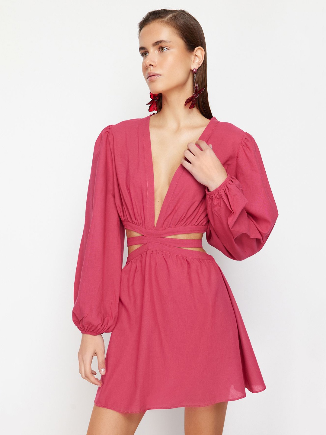 

Trendyol Women Puff Sleeve Fit & Flare Dress, Pink
