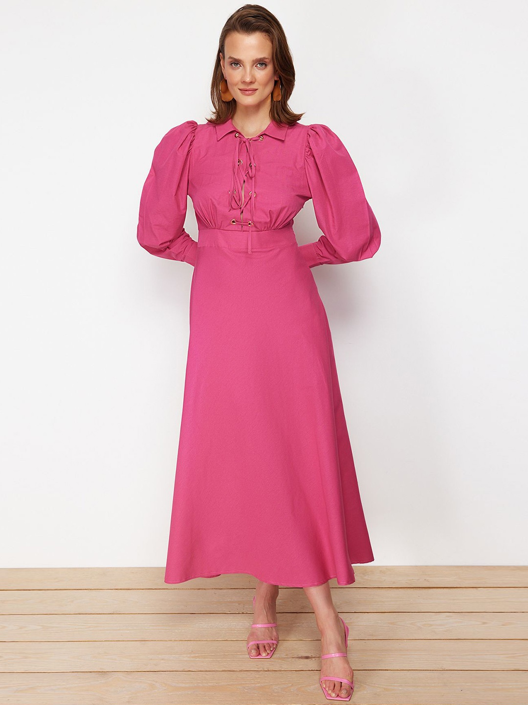 

Trendyol Tie-Up Neck Puff Sleeve Fit & Flare Maxi Dress, Pink