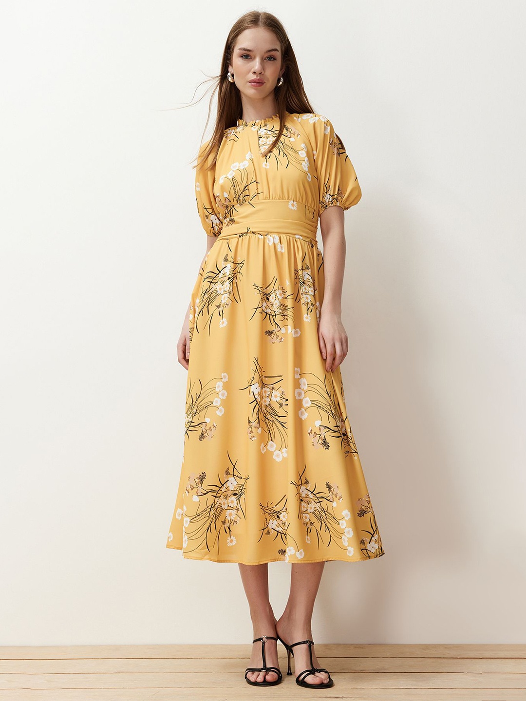 

Trendyol Floral Print Puff Sleeves Fit & Flare Midi Dress, Yellow