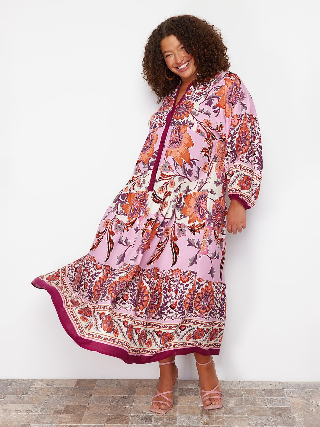 

Trendyol Plus Size Ethnic Motifs Puff Sleeve A-Line Midi Dress, Pink