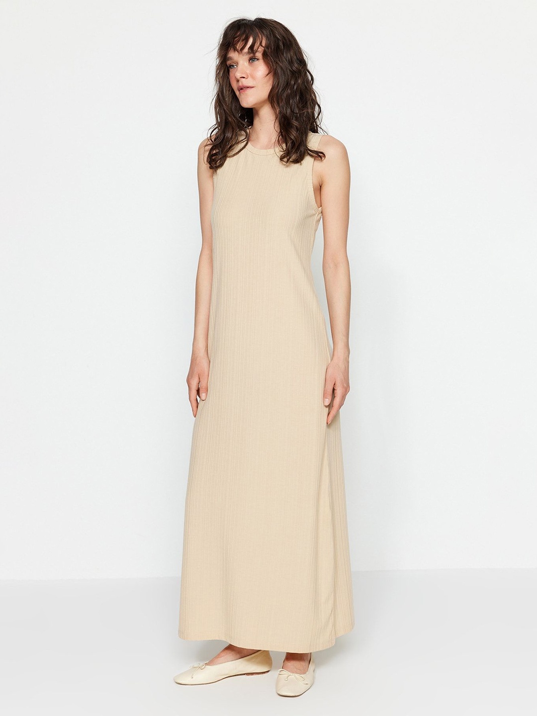 

Trendyol Ribbed Cotton Maxi Dress, Beige