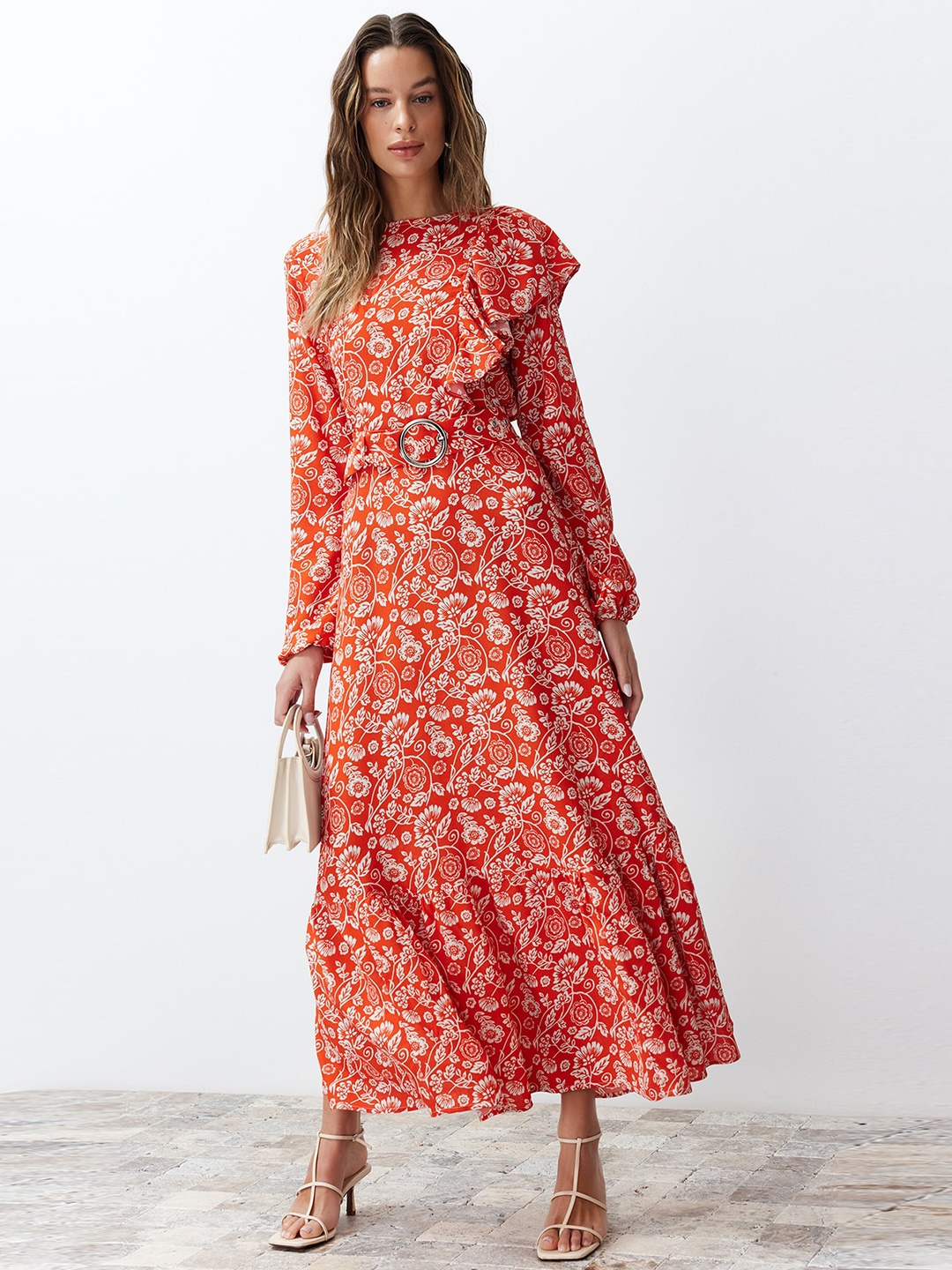 

Trendyol Floral Printed Ruffles Fit & Flare Maxi Dress, Red