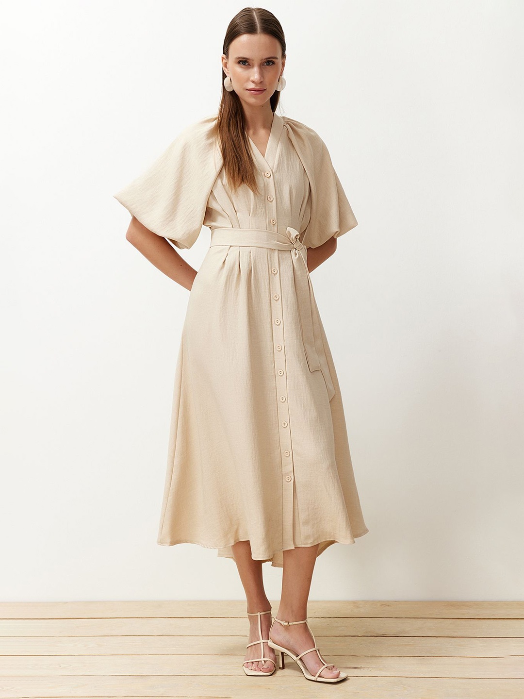 

Trendyol Women Flared Sleeve A-Line Midi Dress, Beige