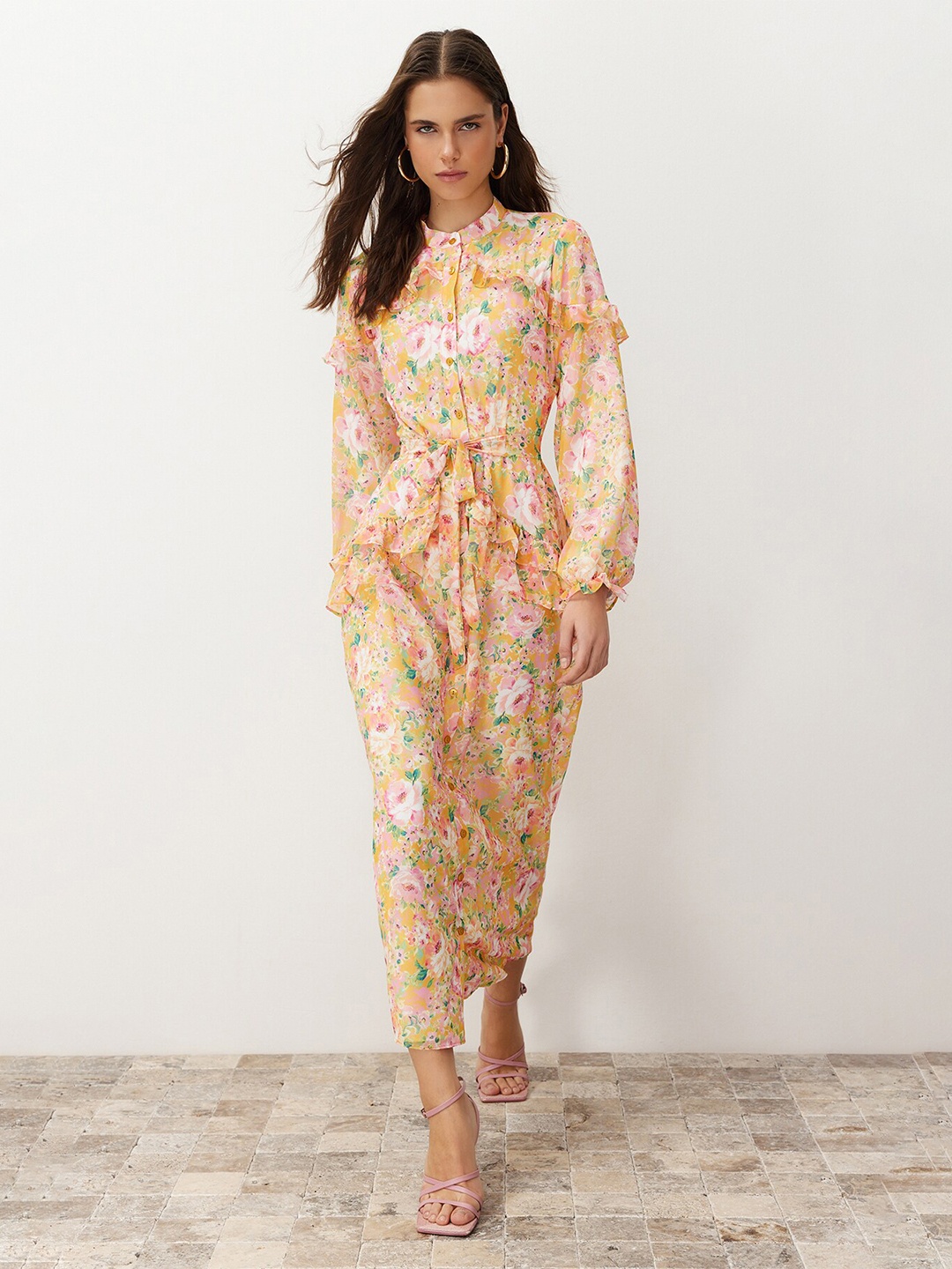 

Trendyol Floral Printed Puff Sleeve Fit & Flare Midi Dress, Yellow