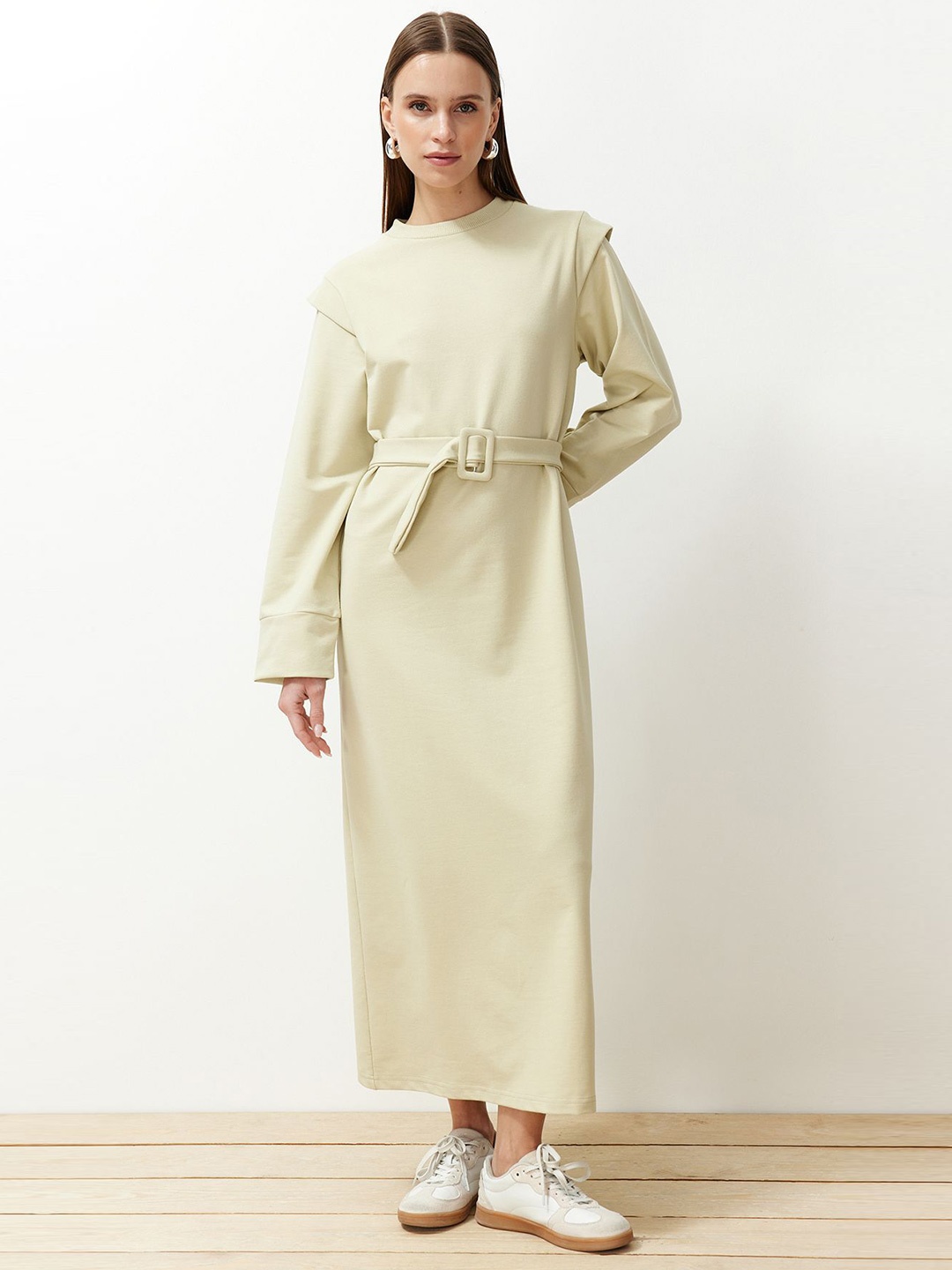 

Trendyol Round Neck Long Sleeves A-Line Maxi Dress, Beige