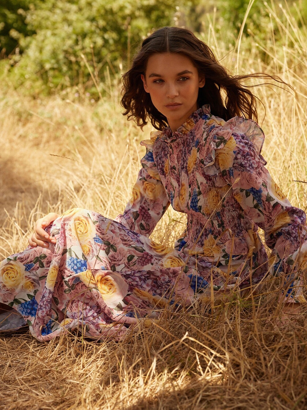 

Trendyol Floral Printed Bishop Sleeves Smocked Ruffles A-Line Maxi Dress, White