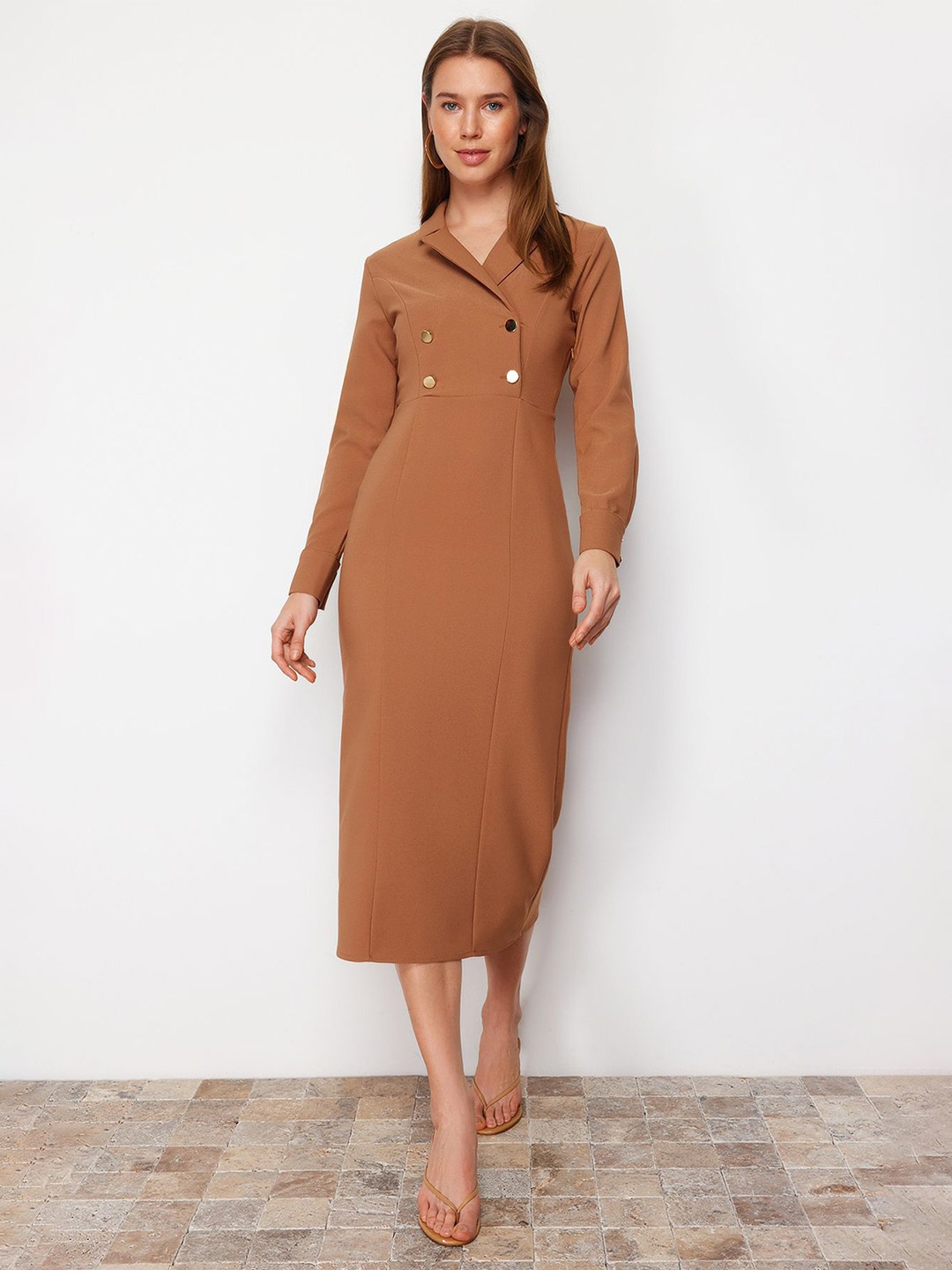 

Trendyol Shirt Collar Long Sleeves Blazer Midi Dress, Brown