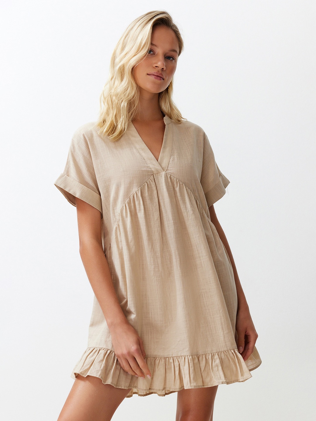 

Trendyol Mandarin Collar Cotton A-Line Dress, Beige