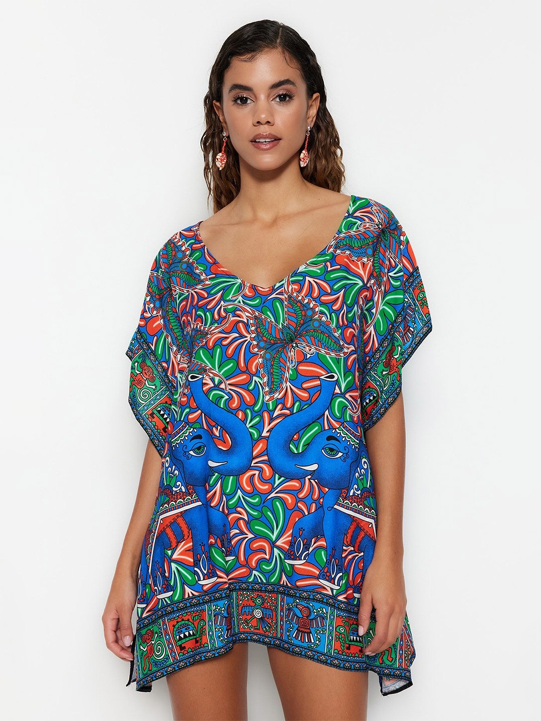 

Trendyol Ethnic Motifs Printed Kimono Sleeve Kaftan Mini Dress, Blue