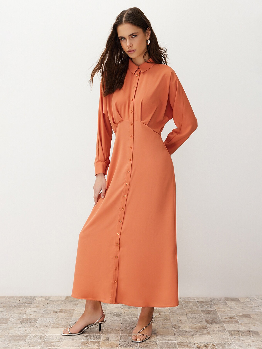 

Trendyol Cuffed Sleeves Pleated Shirt Maxi Dress, Coral