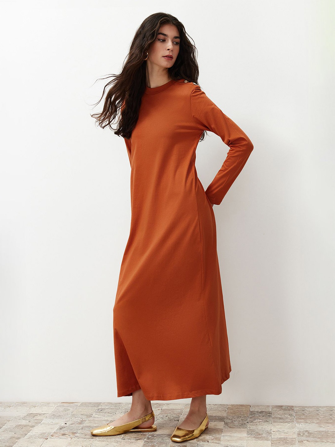 

Trendyol Round Neck Long Sleeves A-Line Maxi Dress, Rust