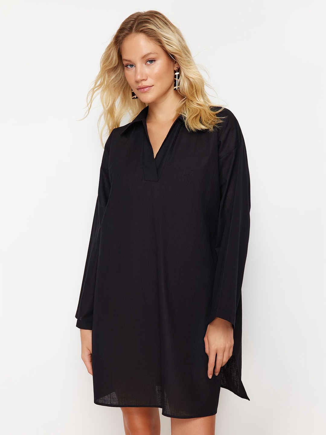 

Trendyol Shirt Collar Pure Cotton Shirt Dress, Black