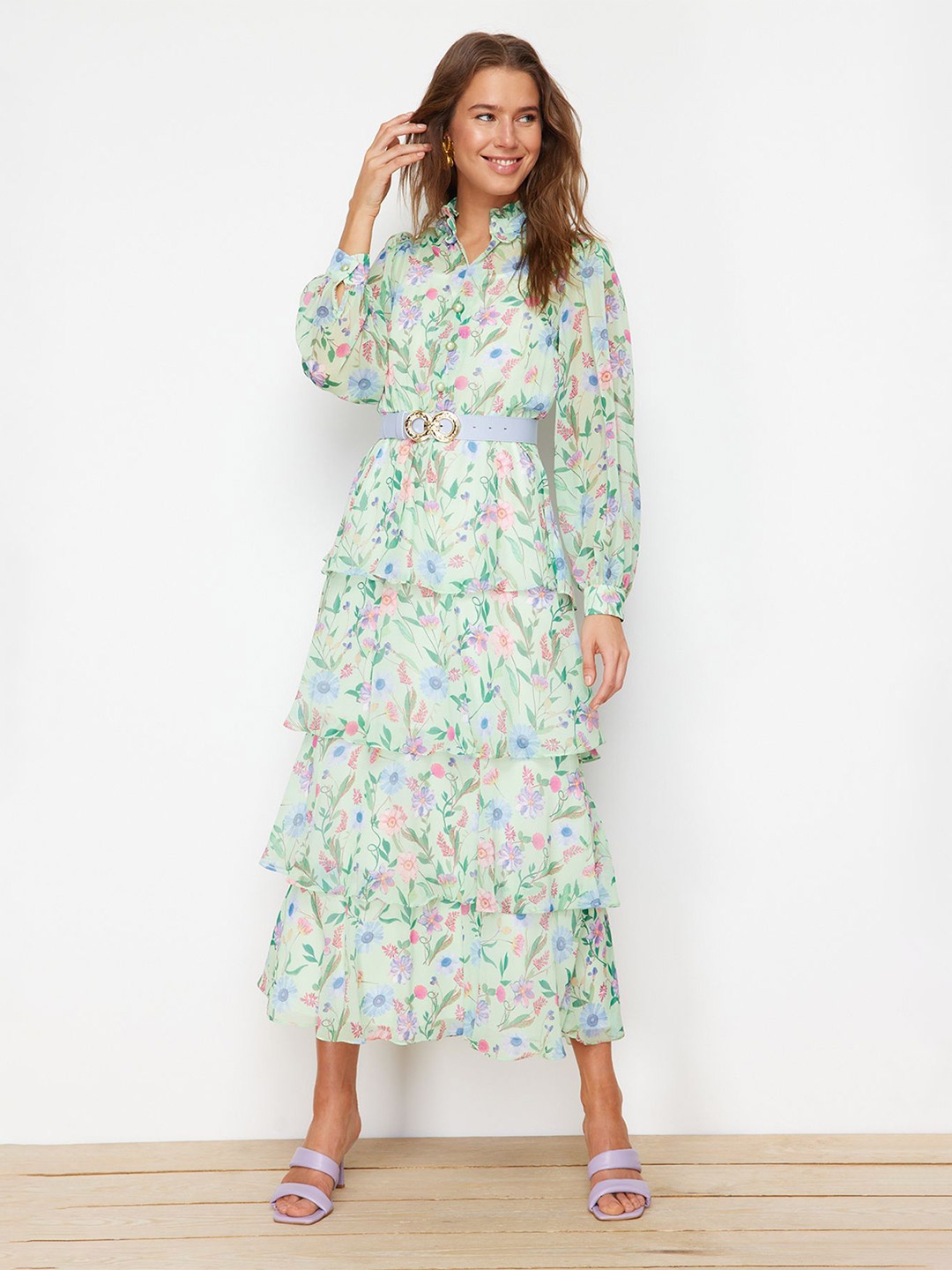 

Trendyol Floral Print Puff Sleeve Maxi Dress, Green