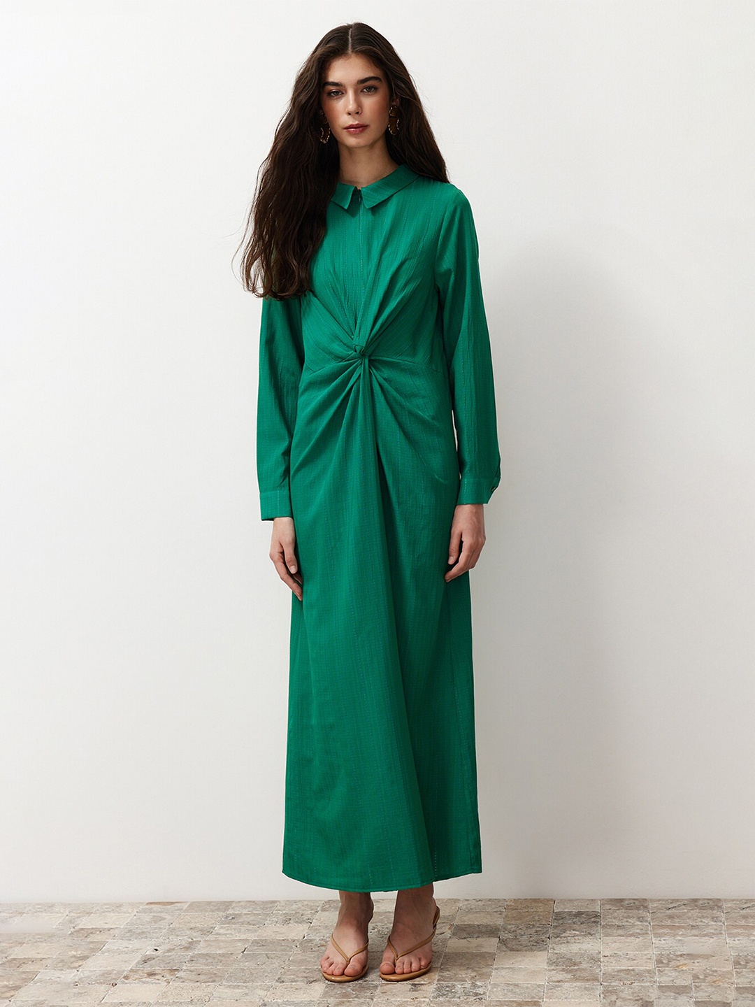 

Trendyol Self Design Cuffed Sleeves Shirt Maxi Dress, Green