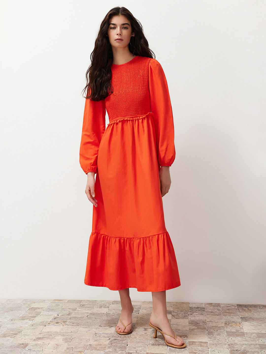 

Trendyol Puff Sleeve Fit & Flare Midi Dress, Orange
