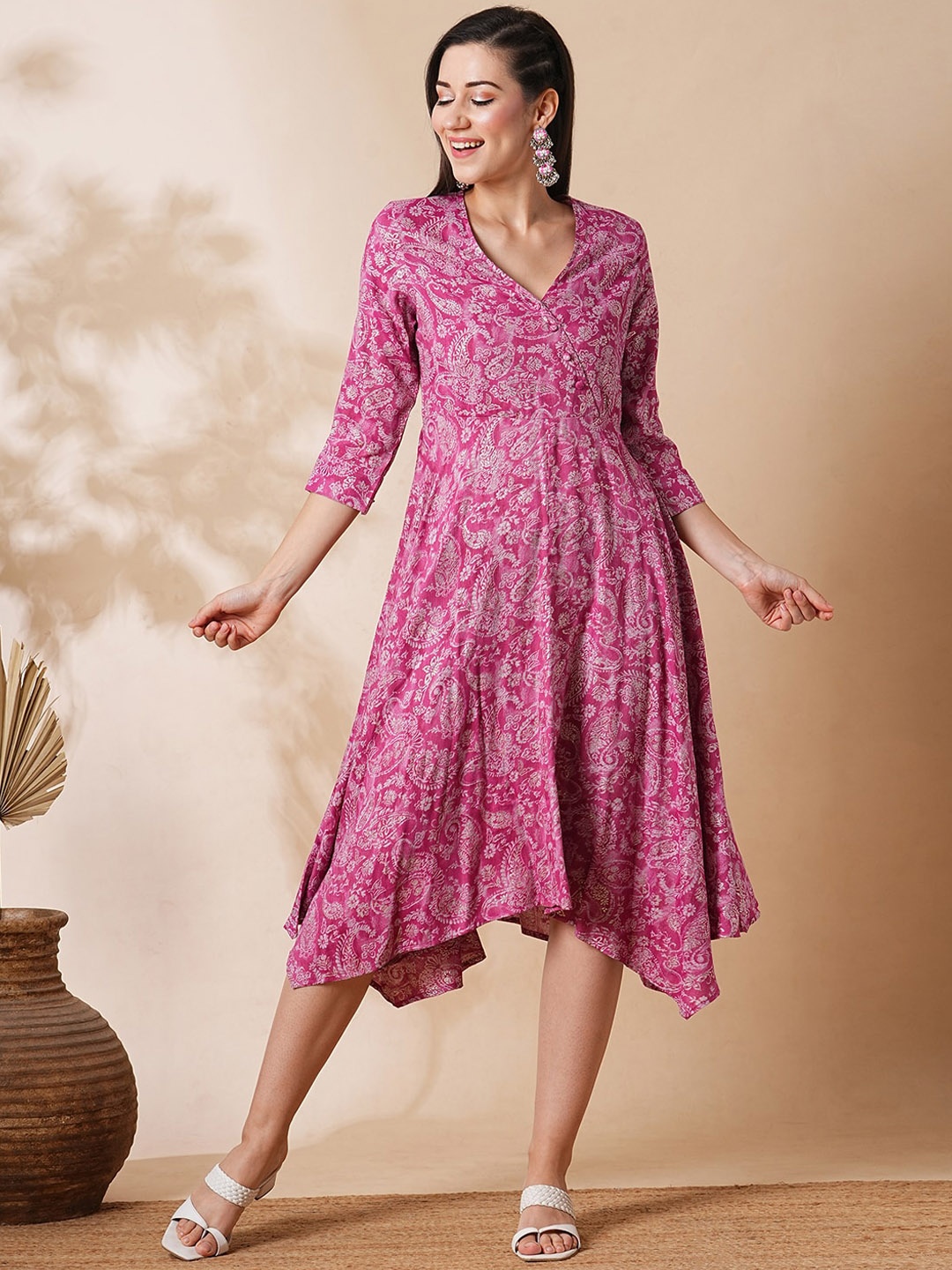 

Globus Allover Floral Printed Wrap Neck Asymmetric Hem A-Line Fusion Midi Dress, Pink