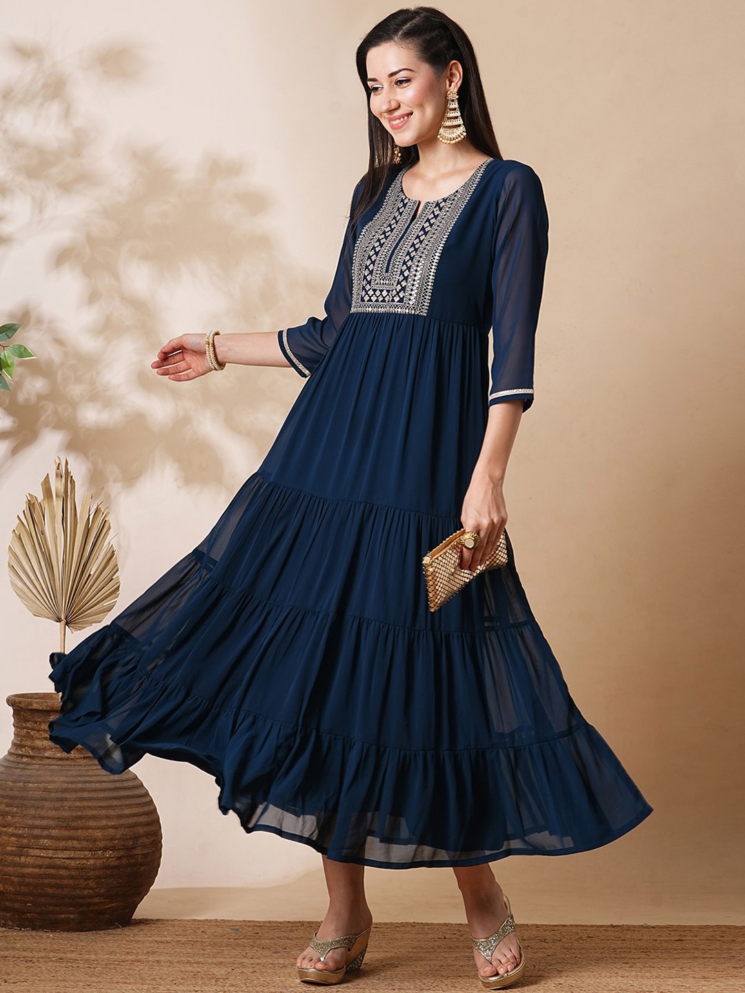 

Globus Floral Yoke Embroidered Sequinned Georgette Fit & Flare Tiered Midi Ethnic Dress, Teal