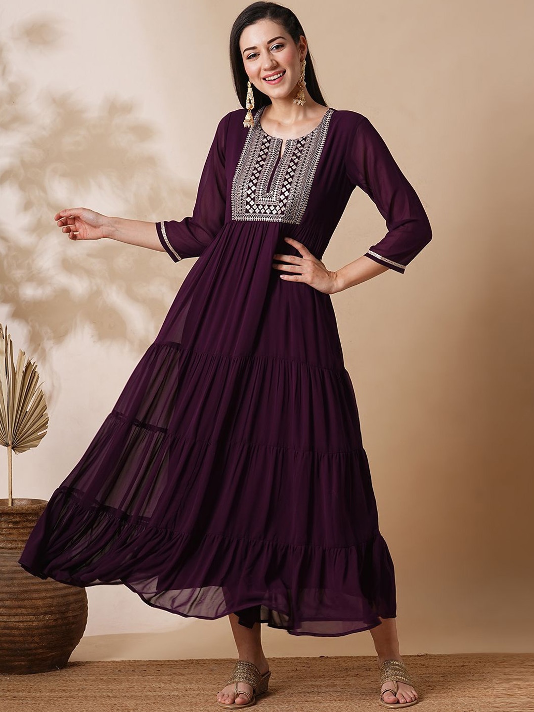 

Globus Floral Embroidered Tiered Georgette Maxi Fit & Flare Ethnic Dress, Purple