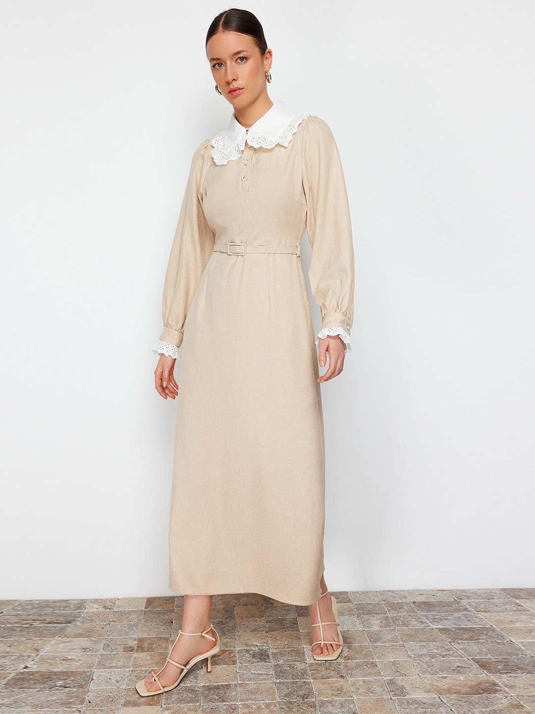 

Trendyol Peter Pan Collar Puff Sleeves Maxi A-Line Dress, Beige