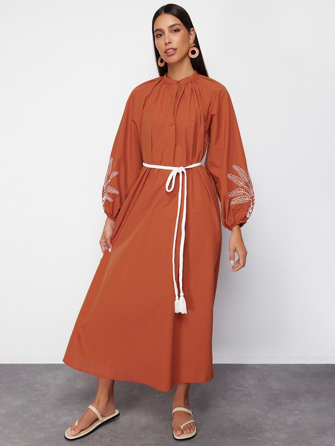 

Trendyol Puff Sleeve A-Line Midi Dress, Orange