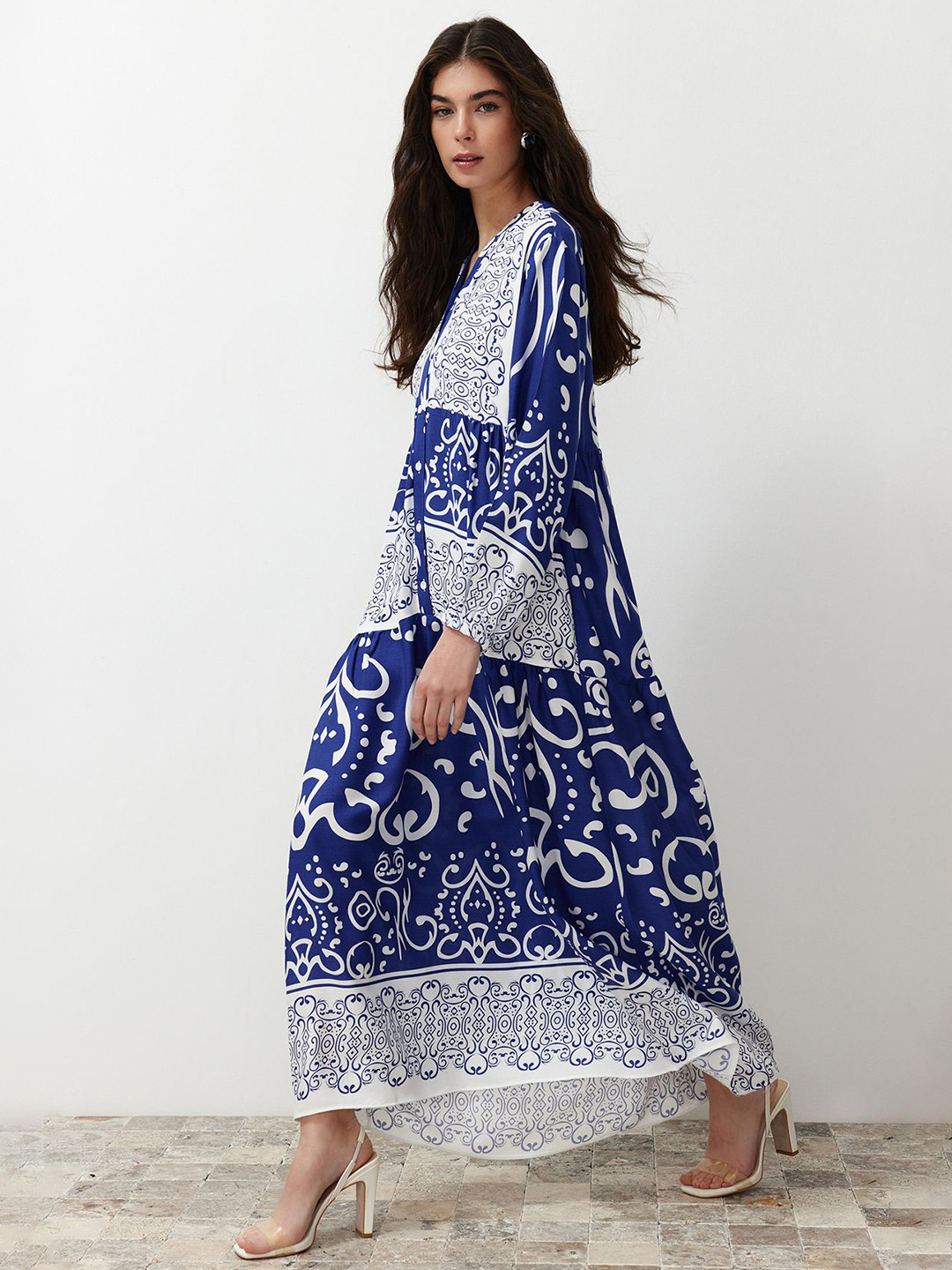 

Trendyol Ethnic Motifs Printed V-Neck A-Line Maxi Dress, Blue