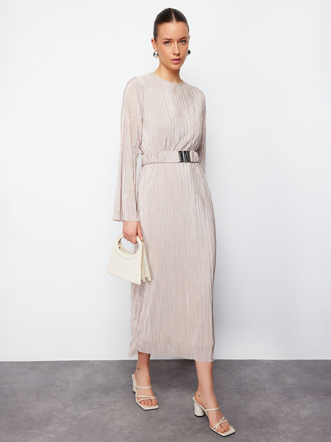 

Trendyol Women Striped A-Line Midi Dress, Beige