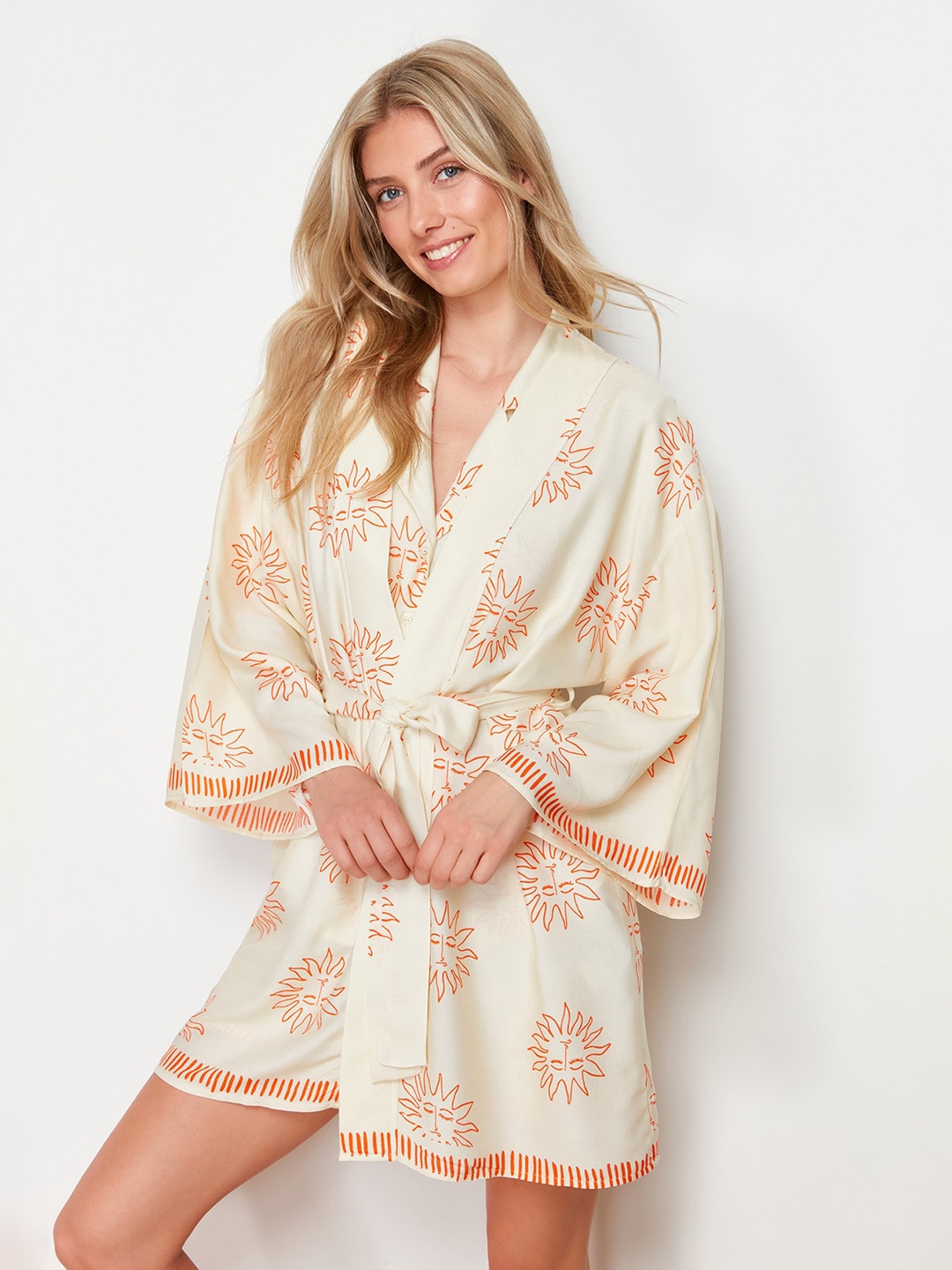 

Trendyol Floral Printed Bell Sleeve Fit & Flare Dress, Off white