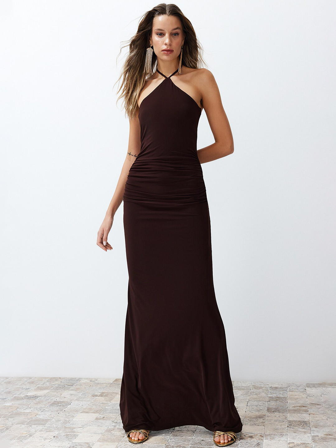 

Trendyol Women Halter Neck Maxi Dress, Brown