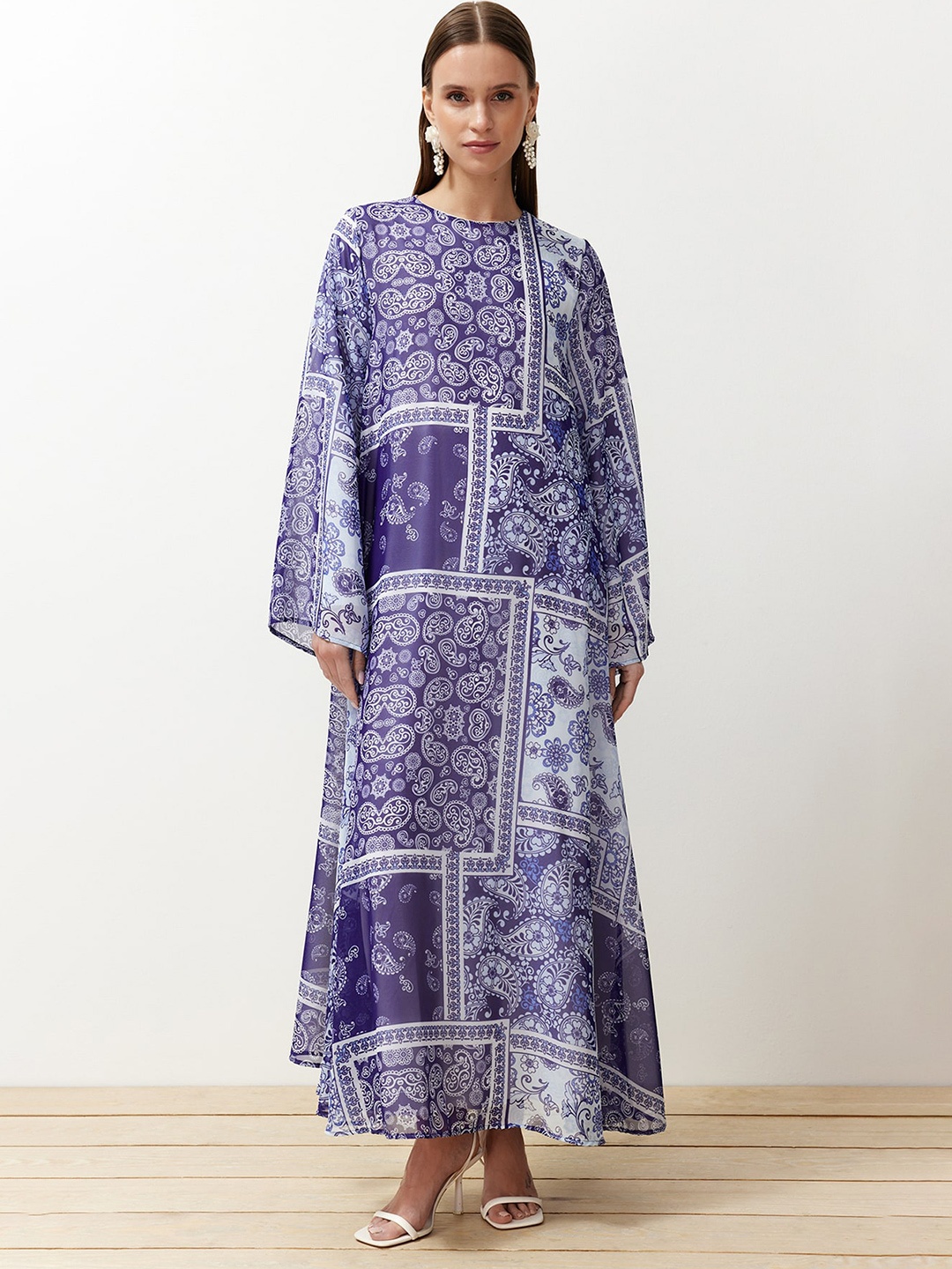 

Trendyol Ethnic Motifs Printed Cape Sleeve Maxi Dress, Blue