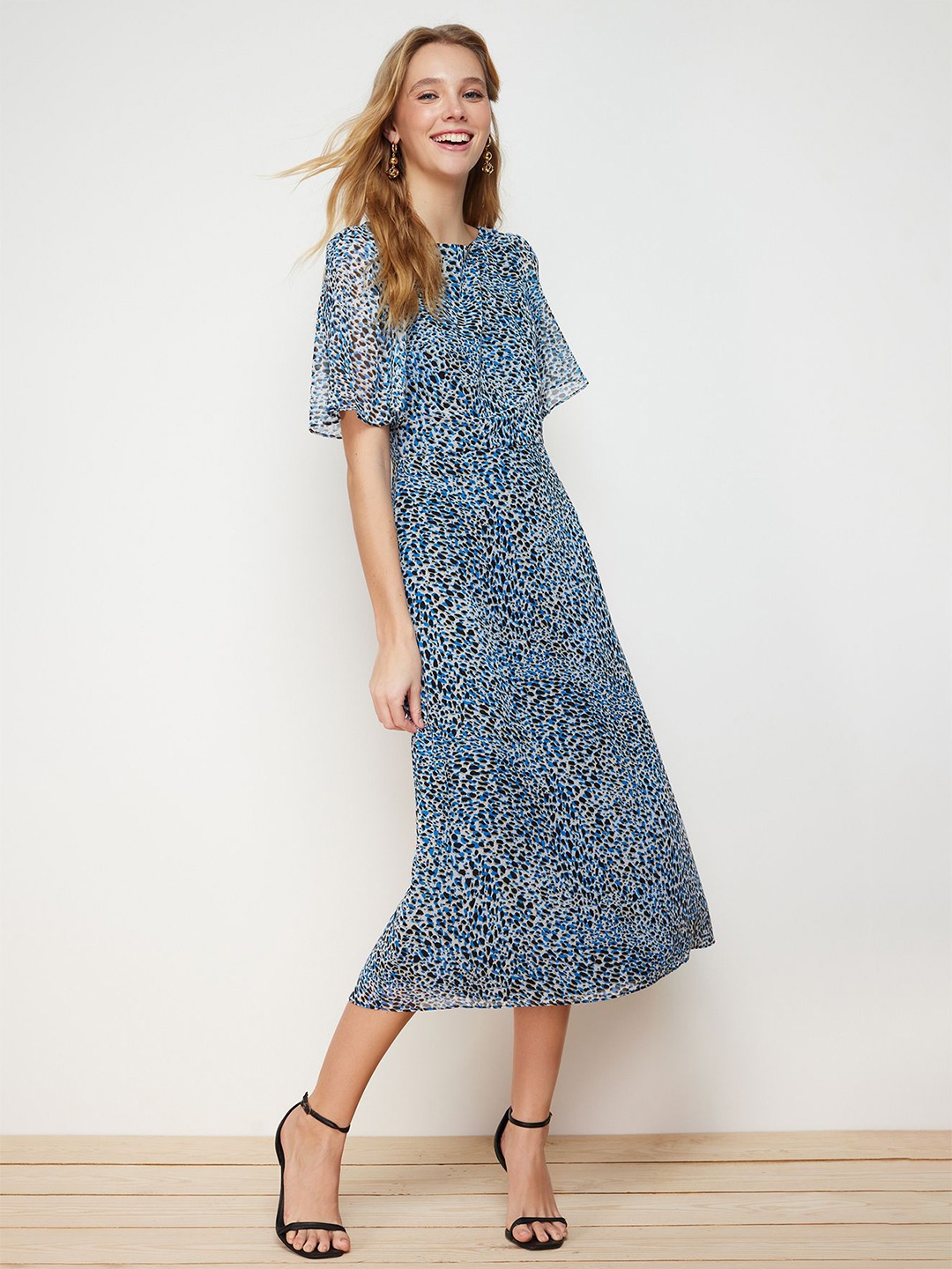 

Trendyol Animal Print Flared Sleeve A-Line Midi Dress, Blue