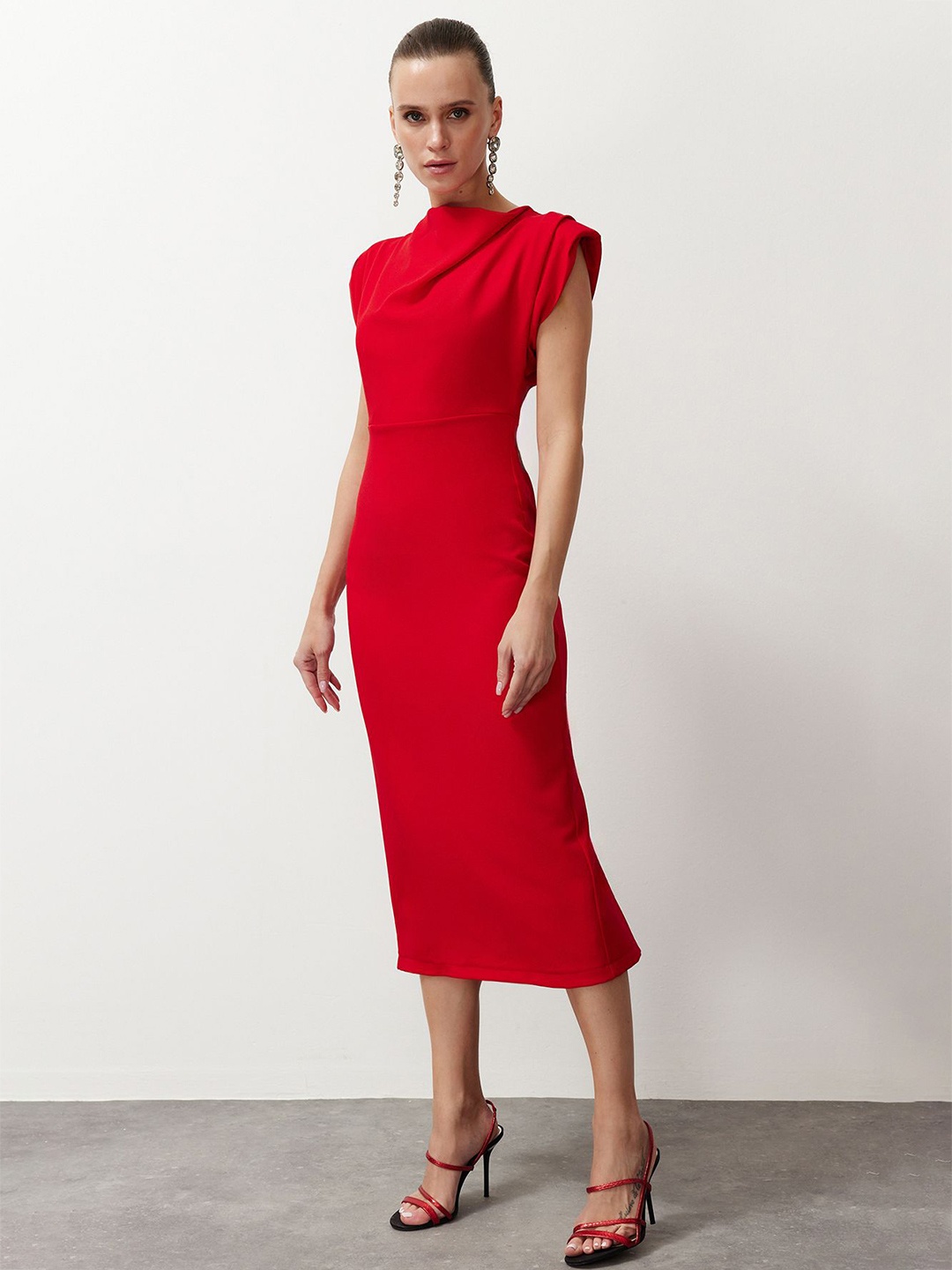 

Trendyol Cowl Neck Sheath Midi Dress, Red