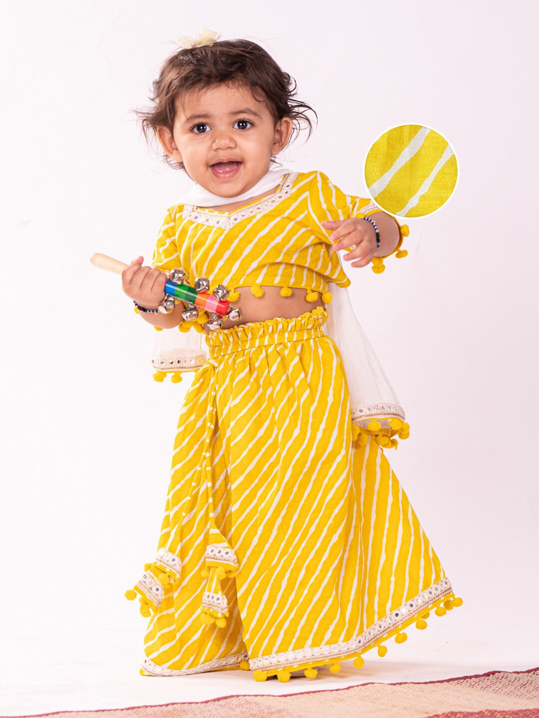 

VASTRAMAY Girls Leheriya Printed Mirror Work Ready to Wear Lehenga & Blouse With Dupatta, Yellow