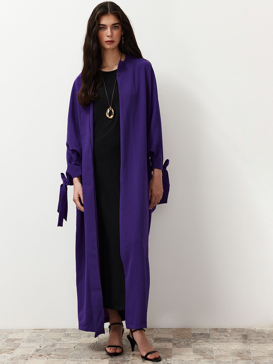 

Trendyol Women Solid Longline Open Front Jacket, Purple