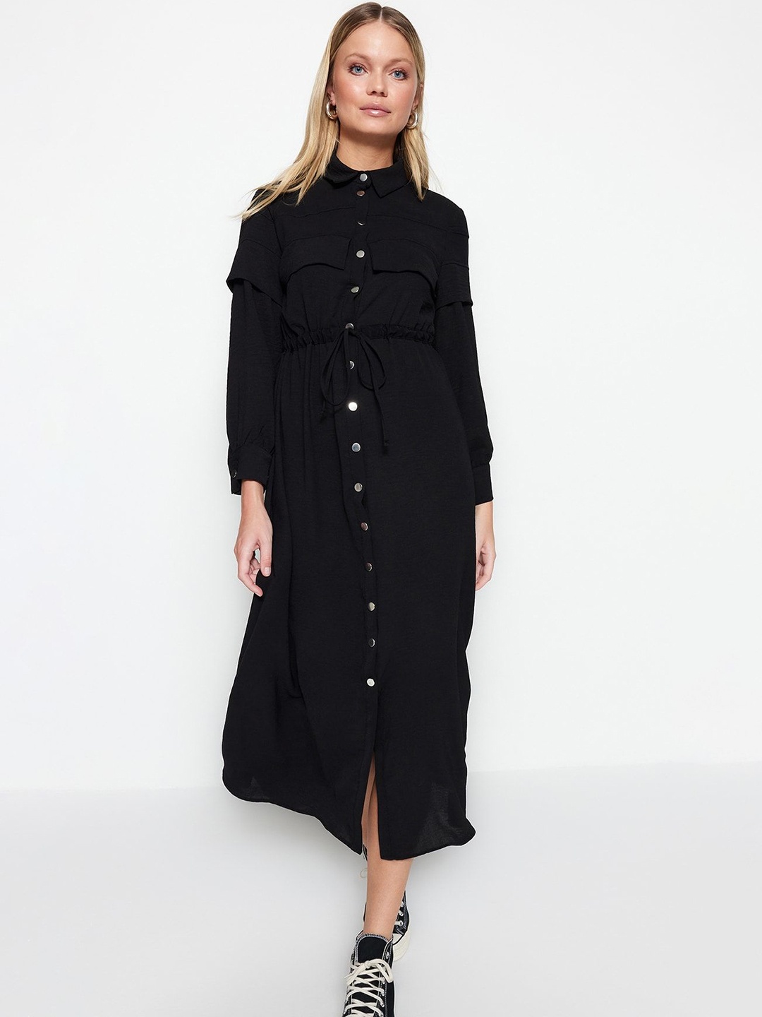 

Trendyol Cuffed Sleeves Shirt Style Maxi Dress, Black