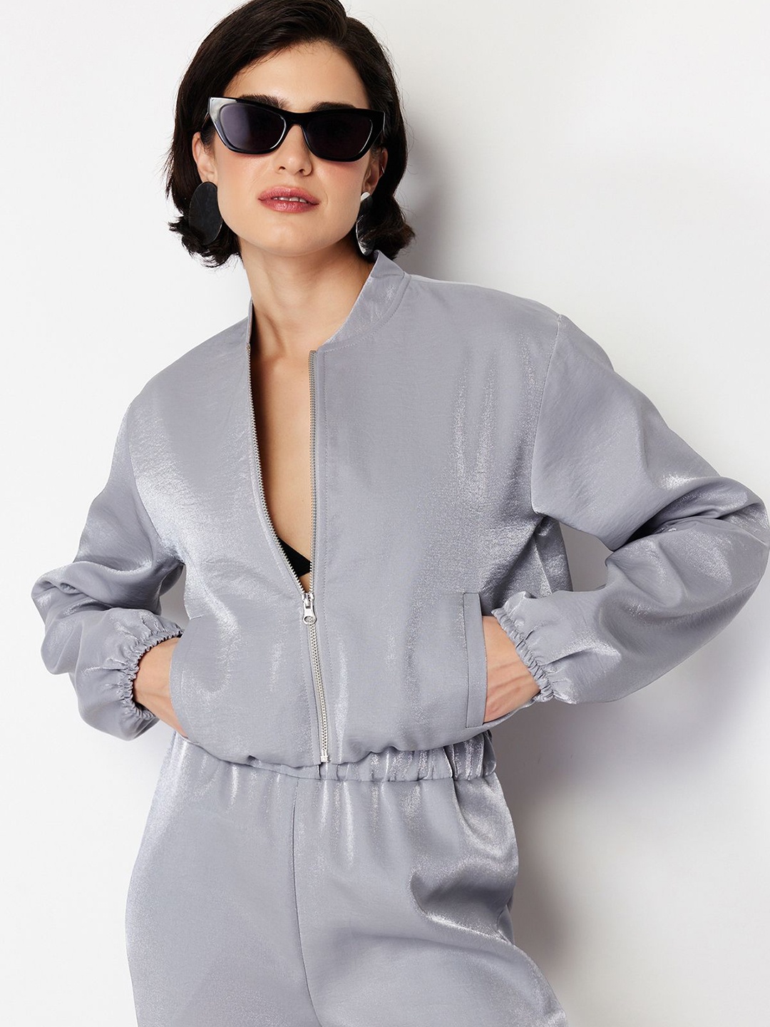 

Trendyol Women Solid Mandarin Collar Crop Bomber Jackets, Silver