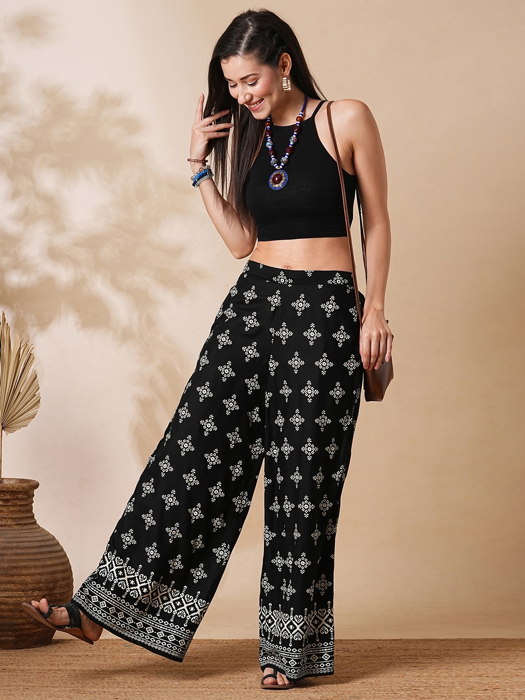 

Globus Women Ethnic Motifs Printed Straight Fit Palazzos, Black