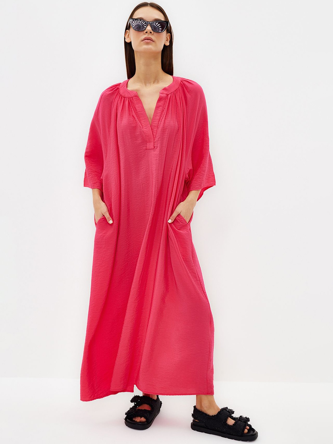 

Trendyol Mandarin Collar A-Line Maxi Dress, Pink