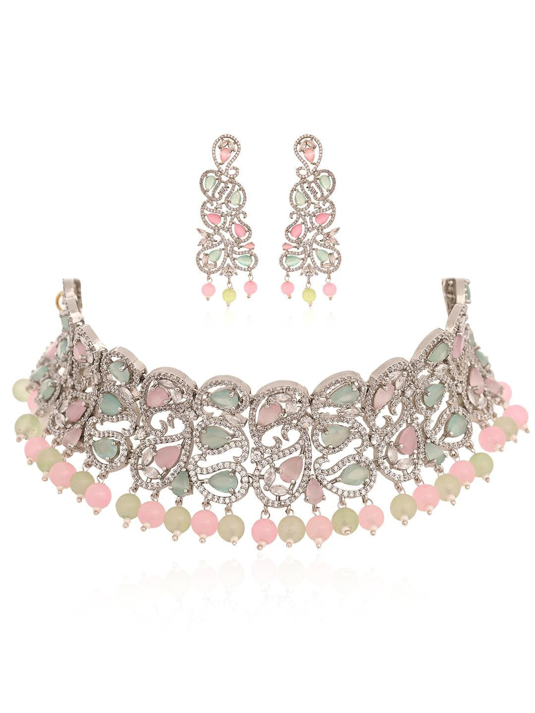 

RATNAVALI JEWELS Silver-Plated AD Necklace and Earrings