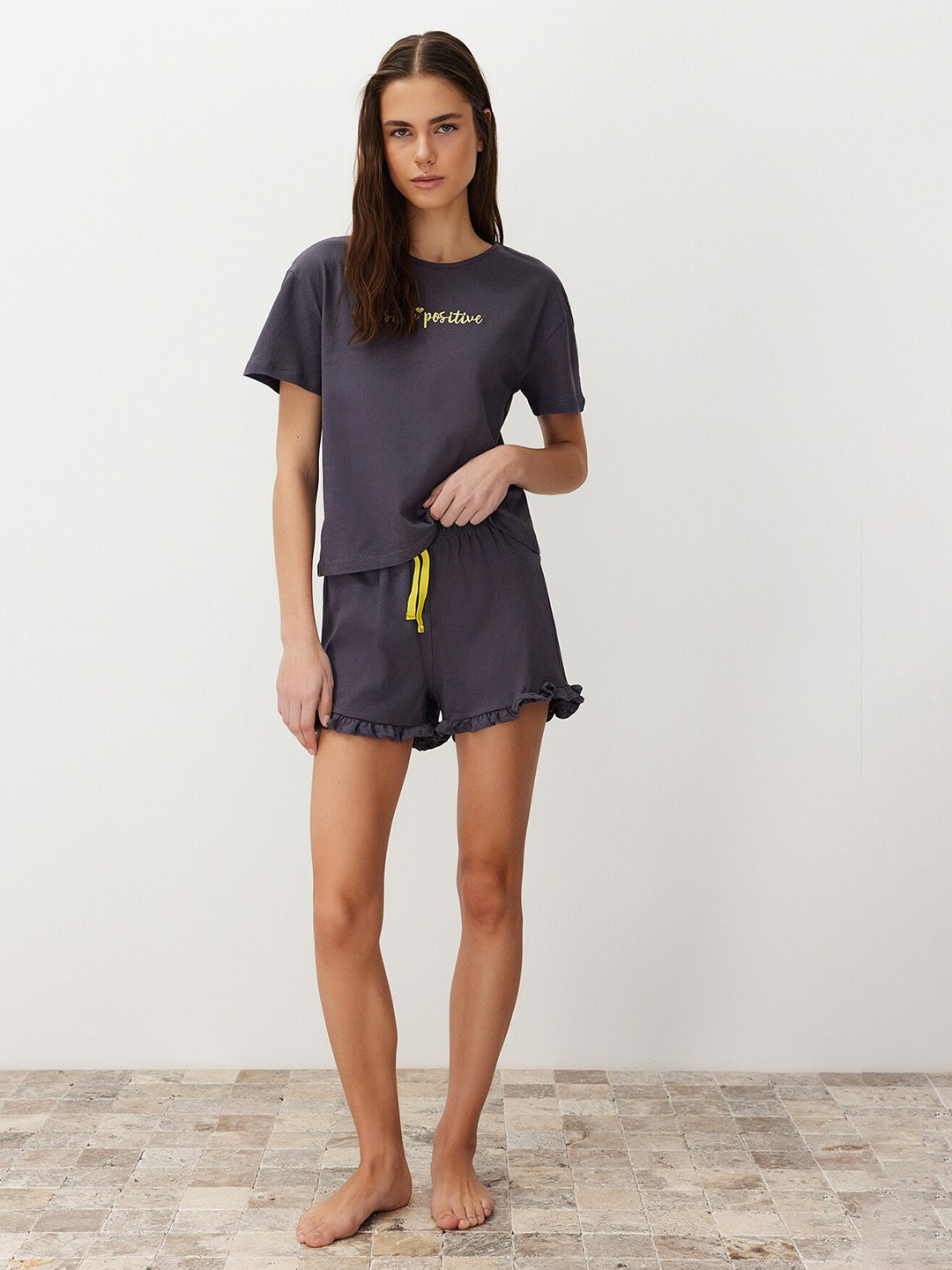 

Trendyol Typography Printed Pure Cotton Night suit, Grey