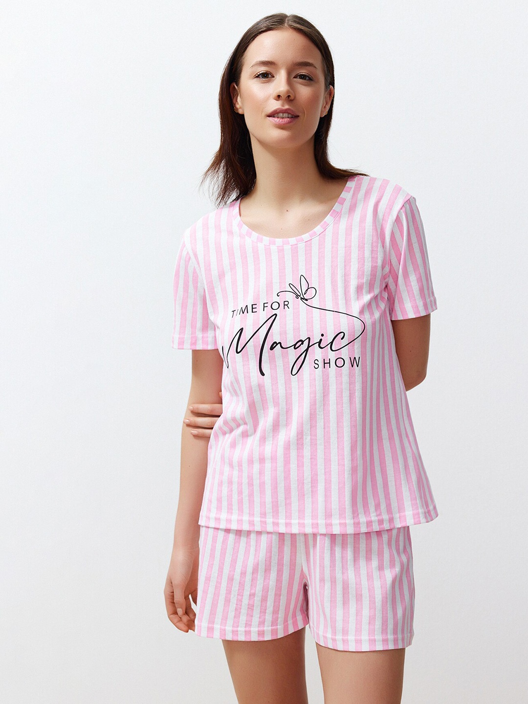 

Trendyol Striped Pure Cotton Night Suits, Pink