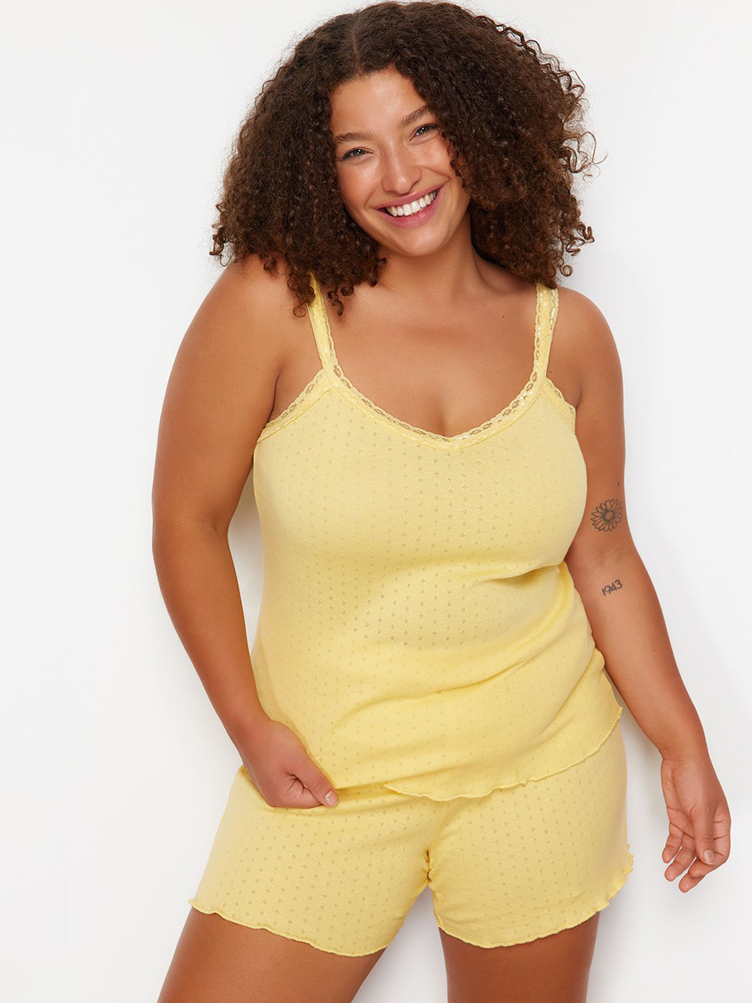 

Trendyol Plus Size Printed Pure Cotton Night Suits, Yellow