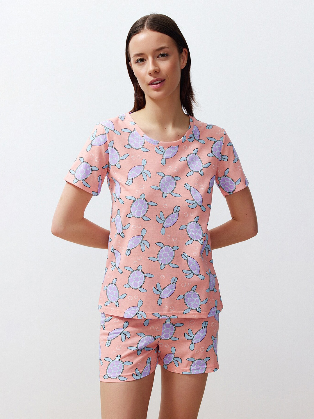 

Trendyol Graphic Printed Round Neck Night suit, Peach