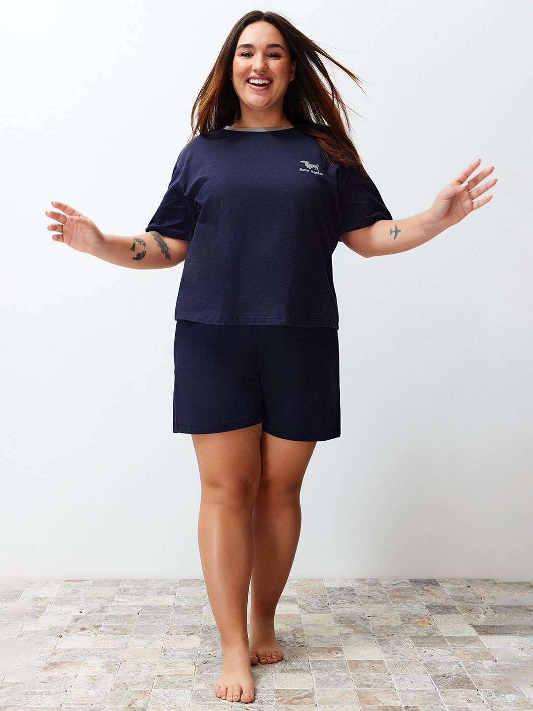 

Trendyol Printed Pure Cotton T-Shirt With Shorts, Navy blue